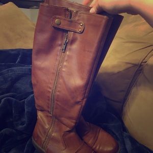 Tan faux leather mid calf boots